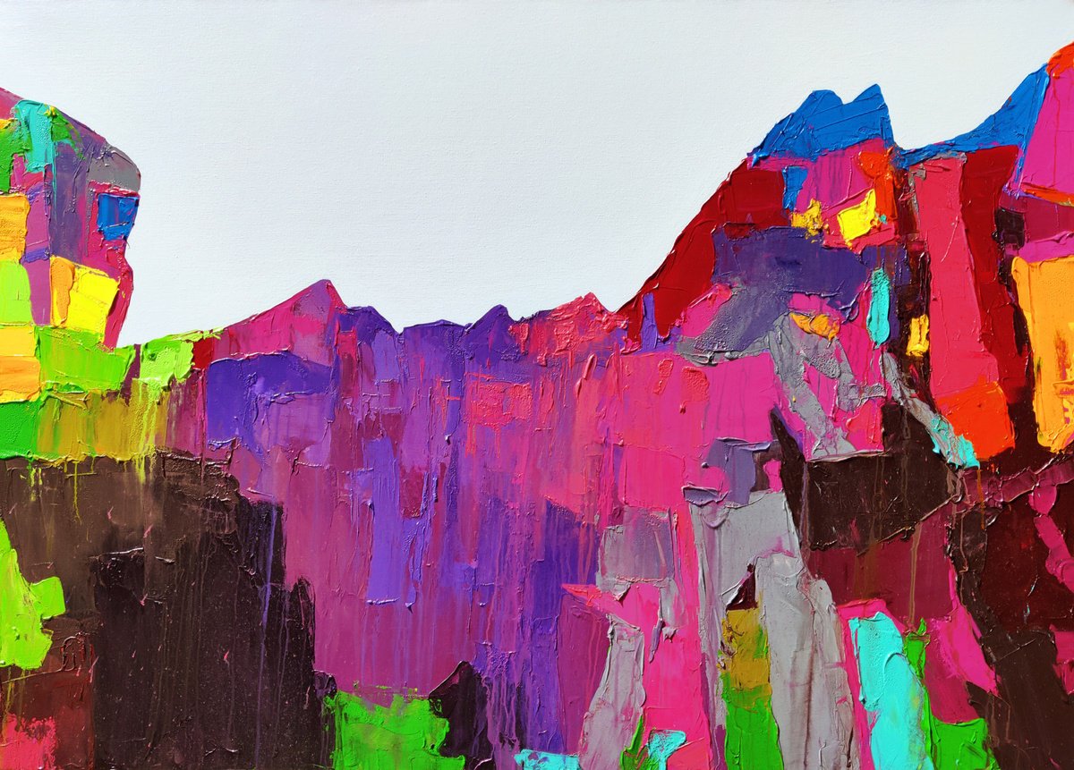 Impressionistic Landscape Acrylic Painting By Abhishek Kumar, 66 X 48, Magenta Majesty, Original Artwork