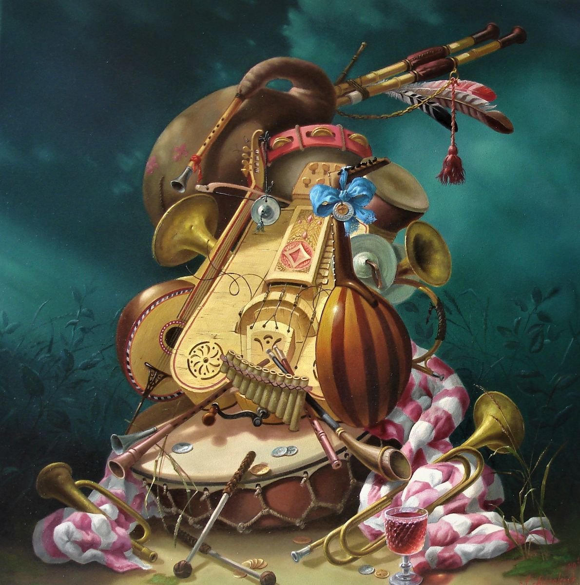 Photorealistic Still Life Oil Painting By Alexander Mikhalchyk, 28 X 28, Musician., Original Artwork