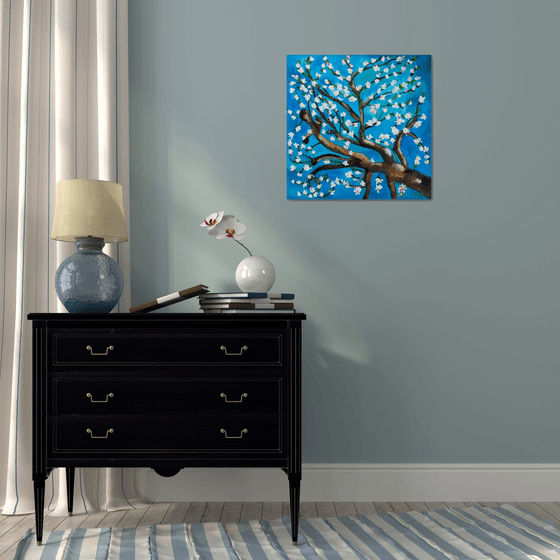 Almond blossom on turquoise inspired by Vincent Van Gogh oil painting ready to hang