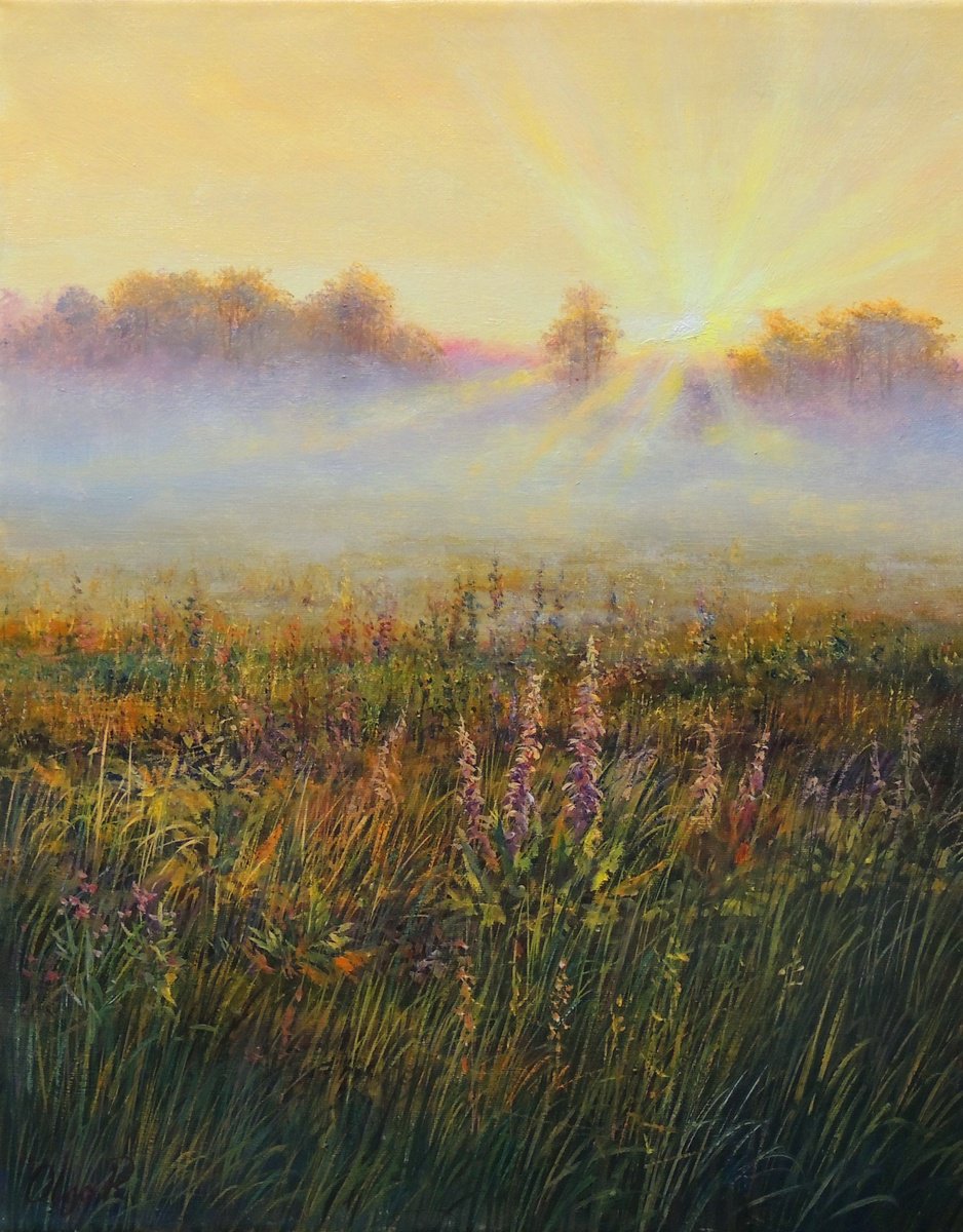 Impressionistic Landscape Oil Painting By Olga Riabchuk, 16 X 20", Light Through The Mist, Original Artwork