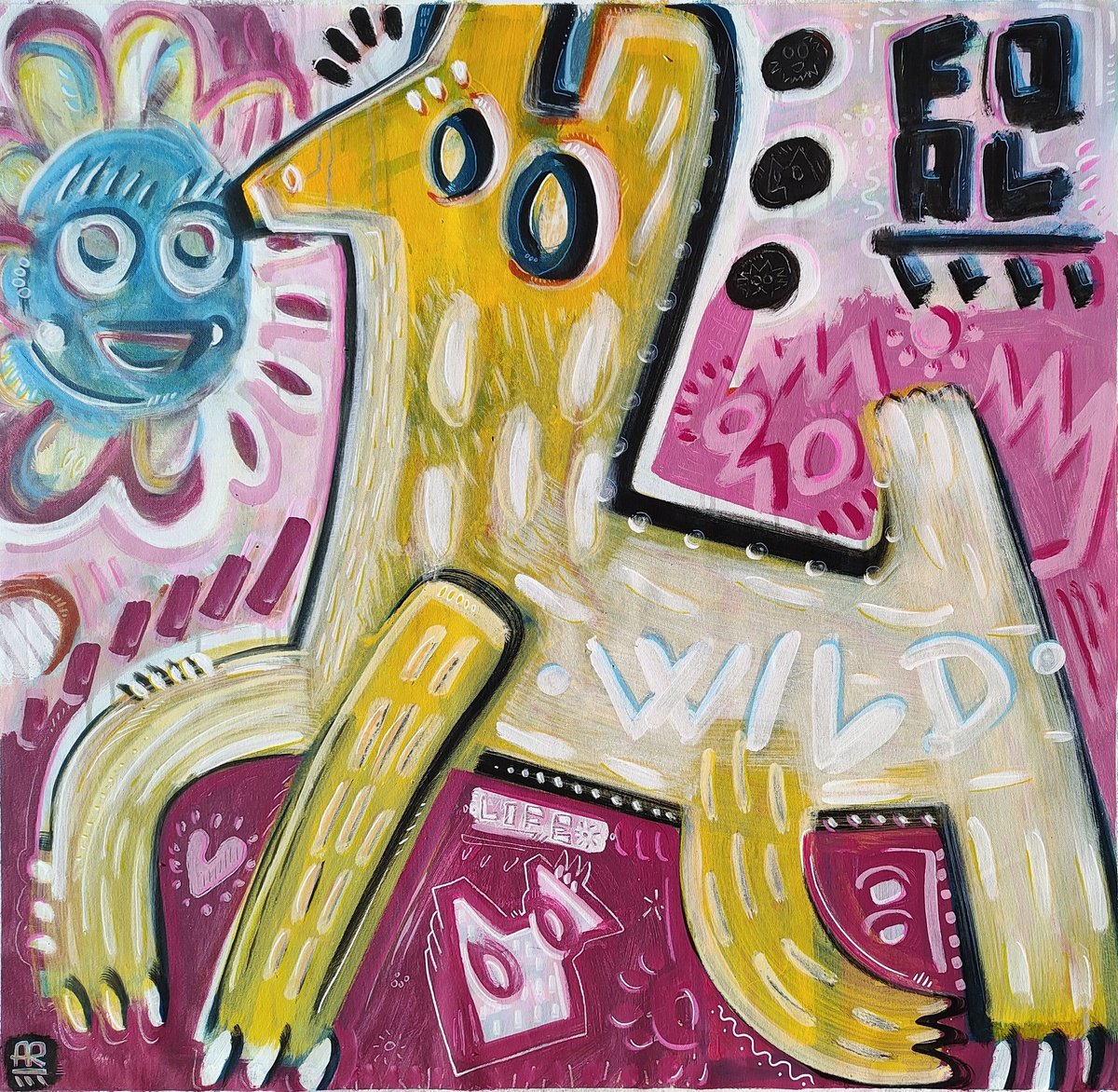 Expressive Animal Acrylic Painting By Angel Rivas, 39 X 38, Wild Foal, Original Artwork