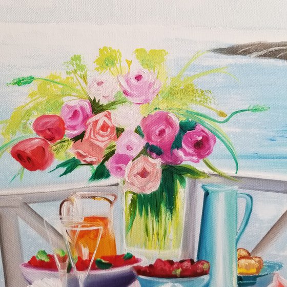 Breakfast by the Water. Summer Day in a Café. Mother's Day. Spectacular Oil Painting on Canvas. Gorgeous Italy Landscape. Home Decor. Wal Art
