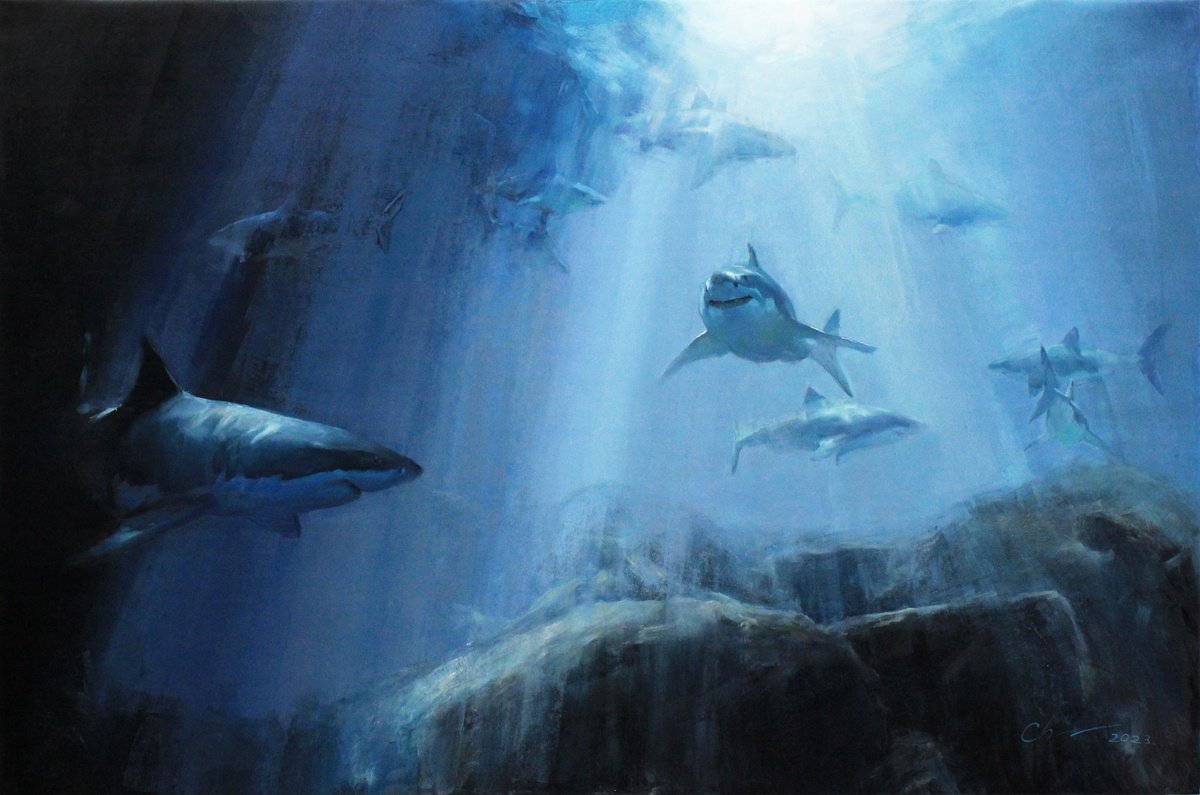 Photorealistic Animal Oil Painting By Serhii Cherniakovskyi, 59 X 39", Deep Blue Waters, Original Artwork