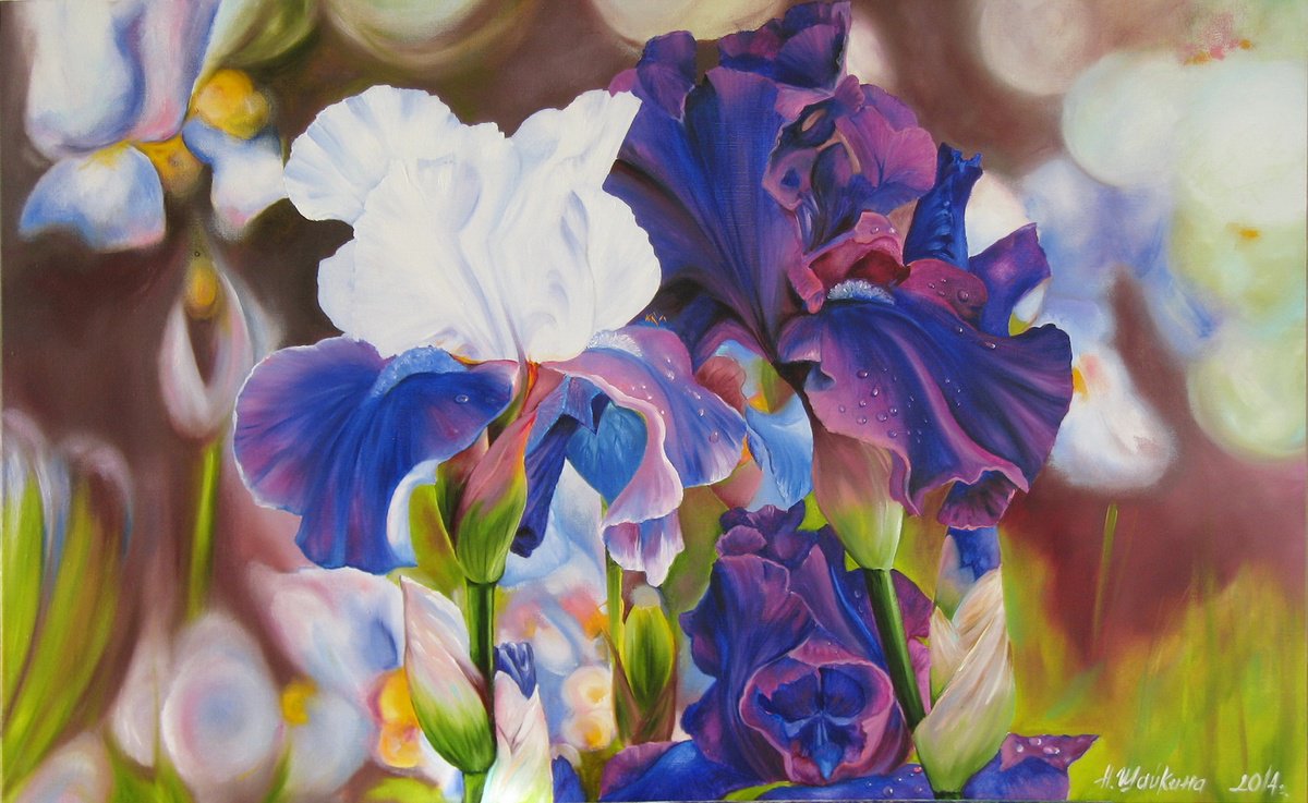 Impressionistic Botanical Oil Painting By Natalia Shaykina, 31 X 20", Irises, Original Artwork