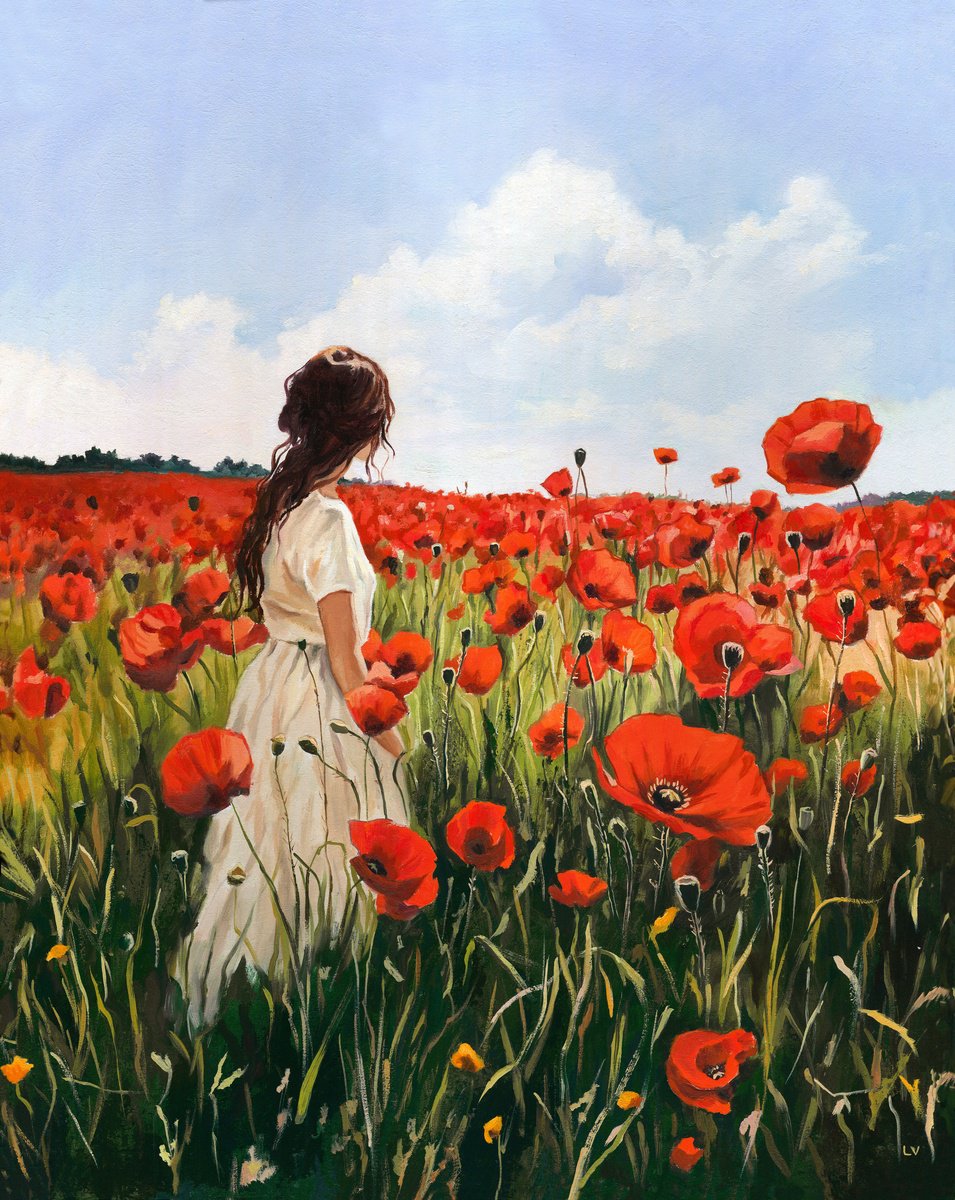 Photorealistic Portrait Oil Painting By Lucia Verdejo, 17 X 21", Woman In A Red Poppy Field, Original Artwork