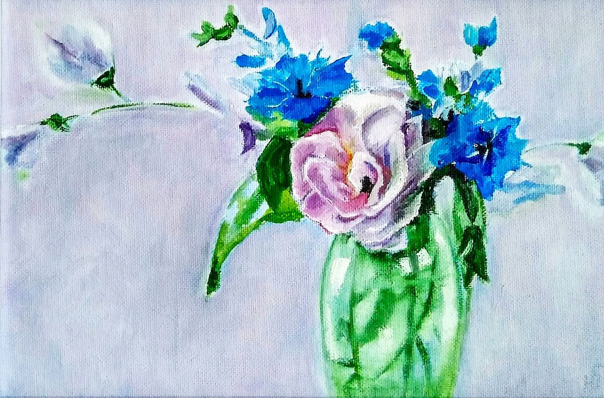 Lilac bouquet, Pink Roses Painting Original Art Forget-me-not Artwork Floral Wall Art Flow... by Yulia Berseneva