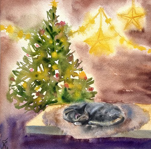 Christmas Cat Watercolor Painting, Winter Holiday Original Artwork, Cozy Home Decor, Christmas Gifts by Kate Grishakova