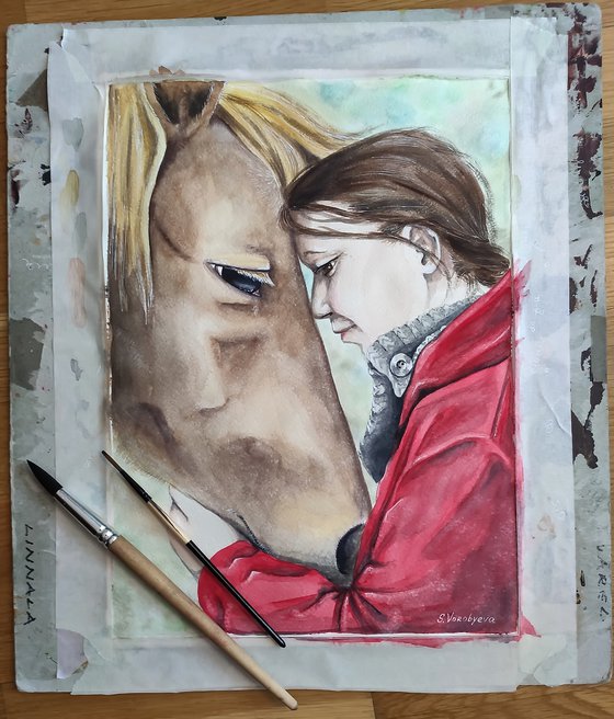 Girl in red and her horse. Watercolor painting on paper. Original artwork by Svetlana Vorobyeva