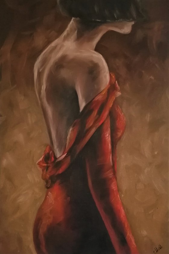 Beauty in red - original erotic oil on canvas painting