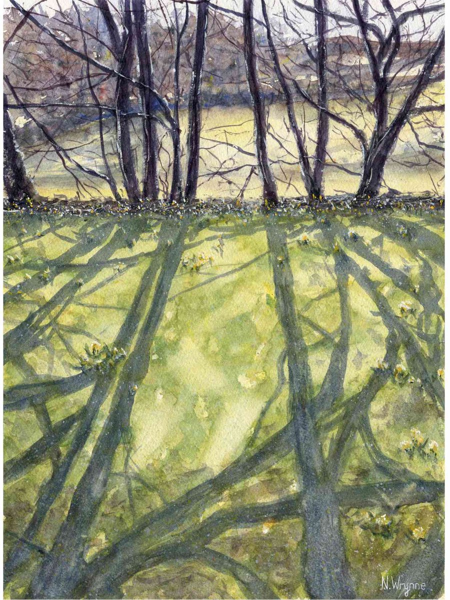 Watercolour Landscape Trees Art - LONG SHADOWS - Countryside Light Original Painting by Neil Wrynne
