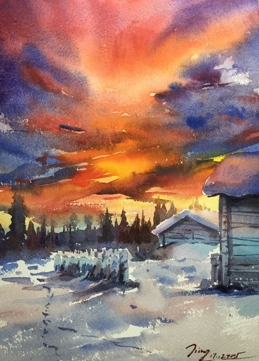 Impressionistic Landscape Watercolour By Jing Chen, 11 X 15, Sunrise, Original Artwork