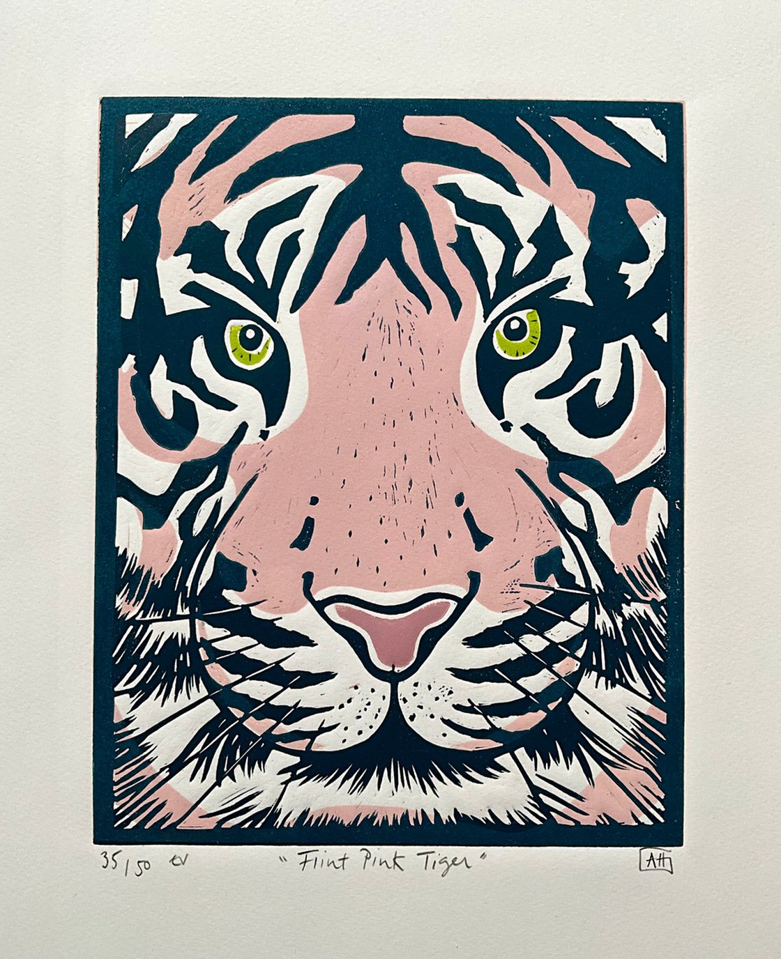 Flint Pink Tiger Linocut (Mini) Artfinder | Alison Headley by