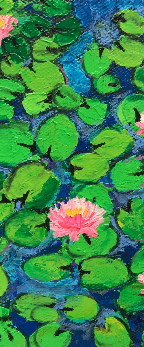 Pink Water lilies -1 !! Blue textured Art   !! Miniature !! Office Decor!! Small Painting!! Floral Art by Amita Dand