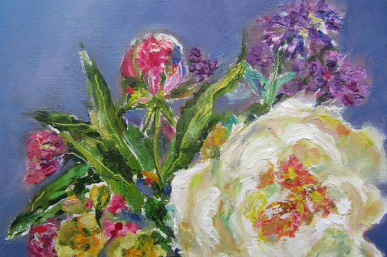 A Rose in a Glass / Wildflowers Meadow Original Traditional Impressionism Joyful Floral Handmade Vibrant Colours Purple and White Kitchen Still Life Rose Small Oil Painting 20x25 cm.