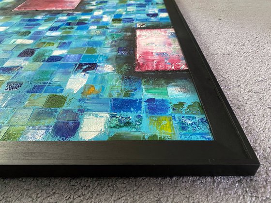 "Mosaic Squared" - Original Highly Textured PMS Abstract Oil Painting On Wood, Framed - 26" x 38"