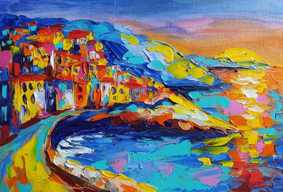 Amalfi coast - sea, seascape, seascape oil painting, sunset, Italy, Italy seascape, evening city