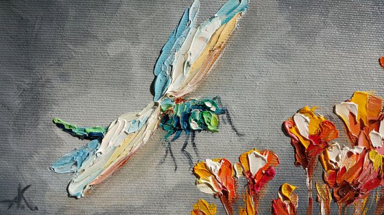 It is a wonderfull day - Oil painting, life of insect, dragonfly art, canvas painting, impressionism, palette knife