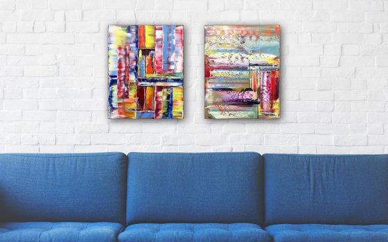"Fair And Balanced" - FREE USA SHIPPING + Save As A Series - Original PMS Abstract Diptych Oil Paintings On Canvas - 32" x 20"
