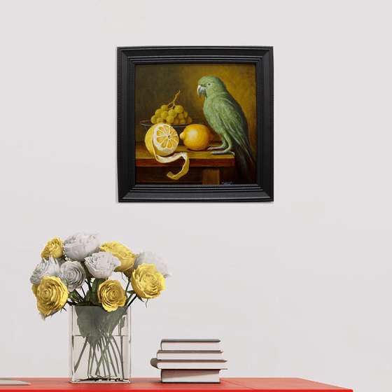 Peeled lemon with parrot