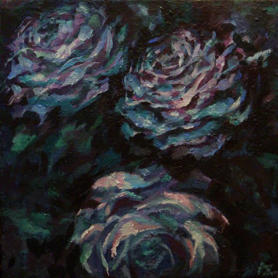 Three blue roses on square background