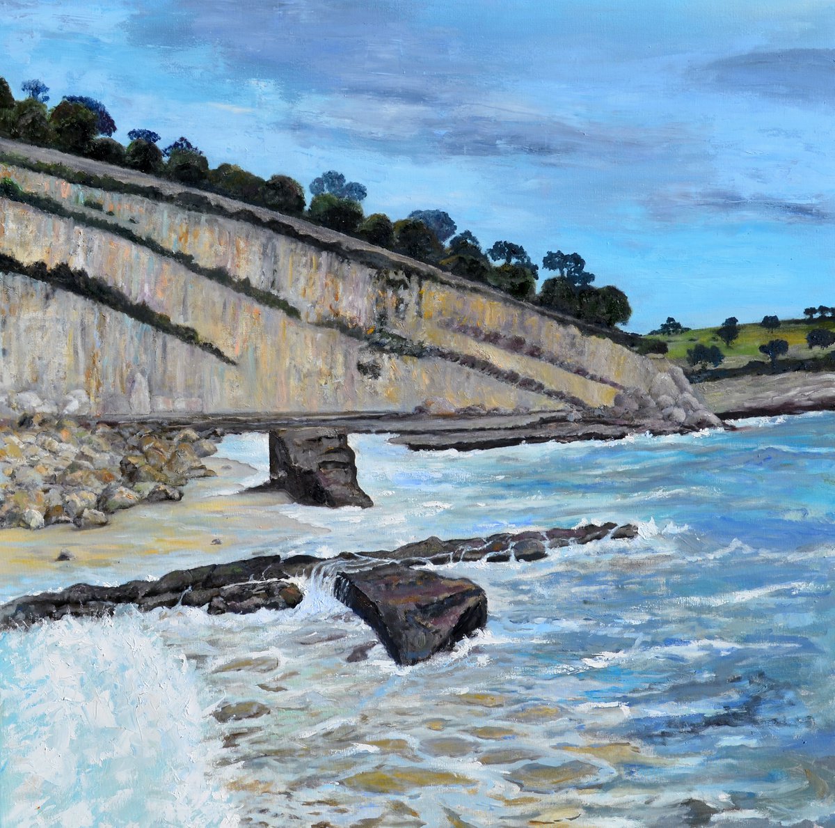 Impressionistic Landscape Oil Painting By Isabel Robledo, 39 X 39, A Look At The Sea, Original Artwork