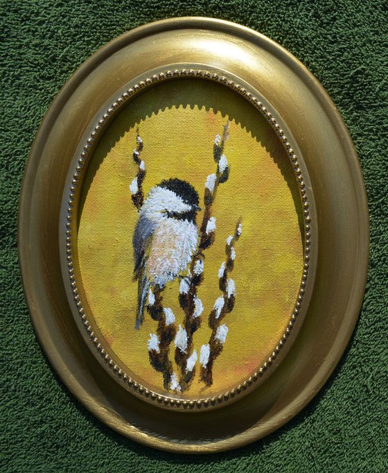 Chickadee Set 23, Bird 1 - oval 5X7 oil on canvas (SOLD)