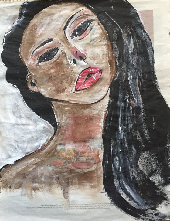 Lushes Acrylic on Newspaper Face Art Woman Portrait Red Lips 37x29cm Gift Ideas Original Art Modern Art Contemporary Painting Abstract Art For Sale Free Shipping