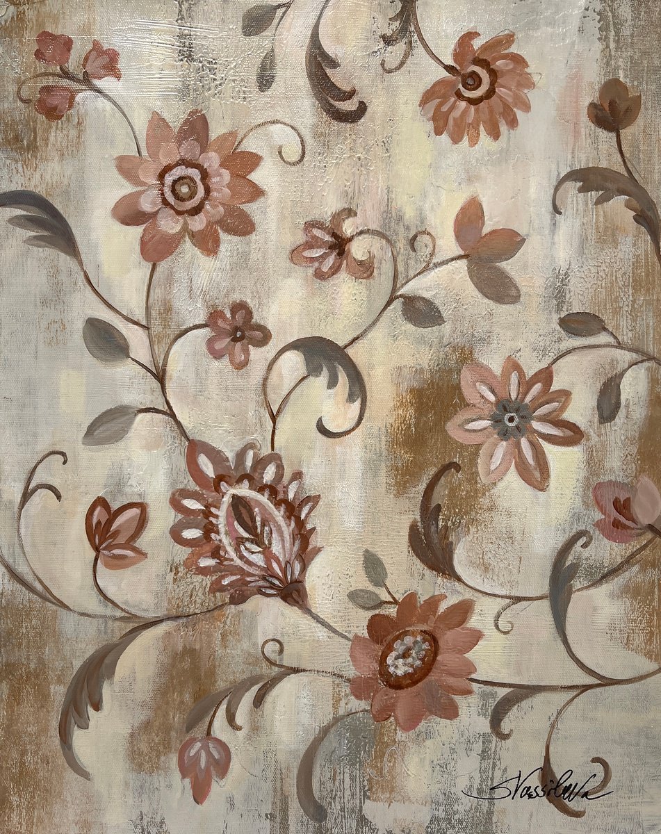 Expressive Botanical Acrylic Painting By Silvia Vassileva, 16 X 20", Old World Motif, Original Artwork