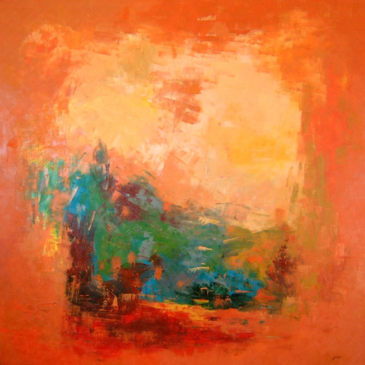 Abstract Landscape Oil Painting By Saroja Van Der Stegen, 41 X 41", Salmon (Ref#:623-100Q), Original Artwork