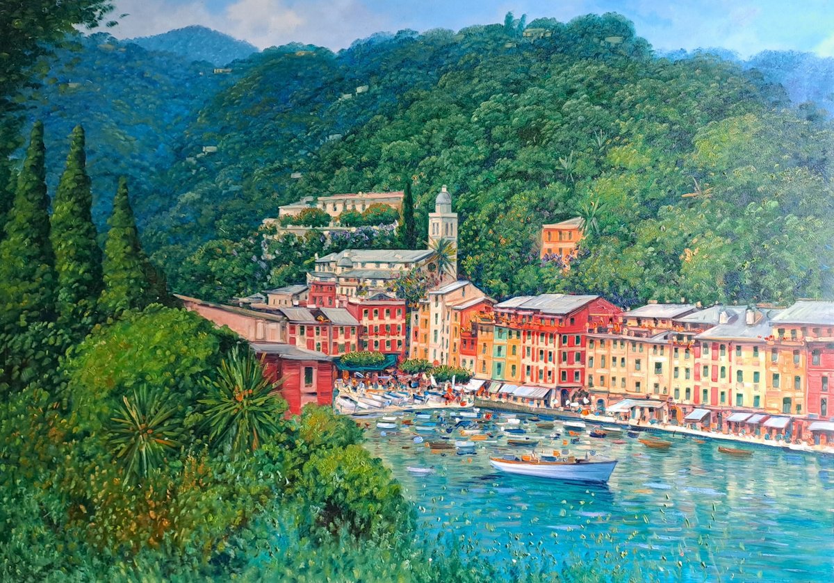 Impressionistic Cityscapes Oil Painting By Claudio Ciardi, 39 X 28, Portofino, Original Artwork