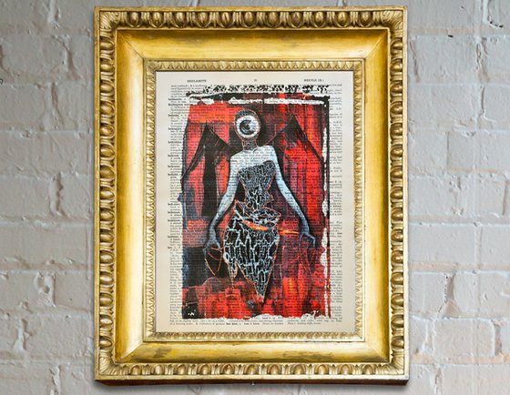 Dark Angel Eye - Collage Art on Large Real English Dictionary Vintage Book Page