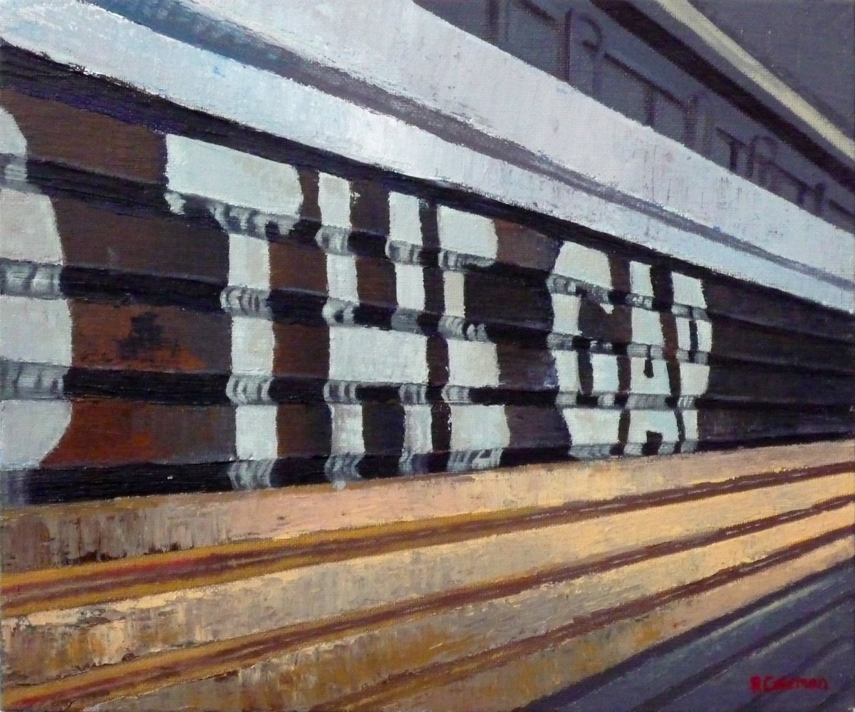 Cityscapes Acrylic Painting By Rebecca Coleman, 14 X 12", Mind The Gap 8, Original Artwork