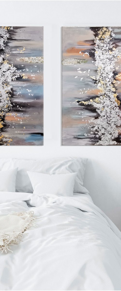 Set paintings, 2 piece wall art, Gold & Silver Leaf Painting by Annet Loginova