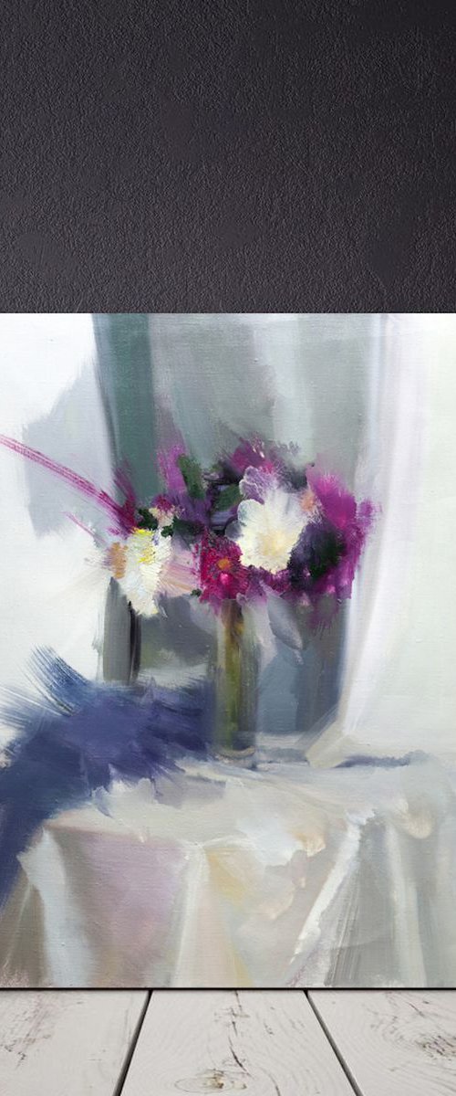 Original Still Life Painting with Flowers in Oil - Dry Silver by Yuri Pysar