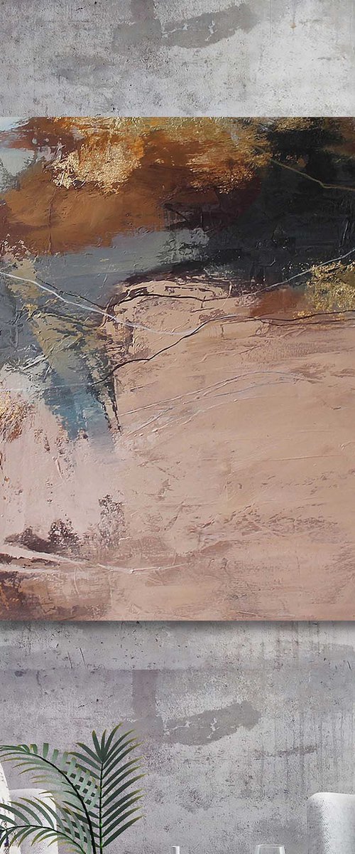 "Orange Flight 5" Cream brown abstract art by Yana Sagan