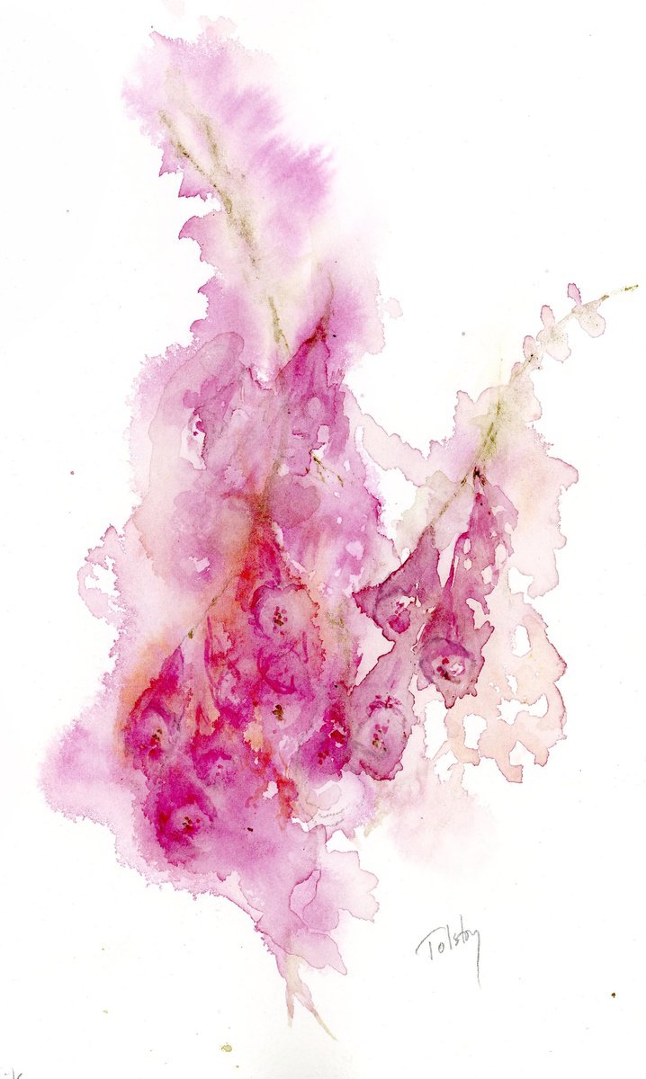 Impressionistic Botanical Watercolour By Alex Tolstoy, 9 X 14, Foxgloves In Pink, Original Artwork