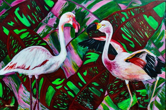 Sister Flamingos, Original painting, Ready to hang by WanidaEm