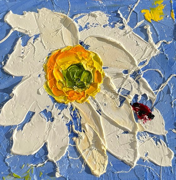 Daisy Painting Ladybug Original Art Chamomile Small Oil Impasto Floral Artwork Flower Wall Art 4 by 4 inches by Halyna Kirichenko