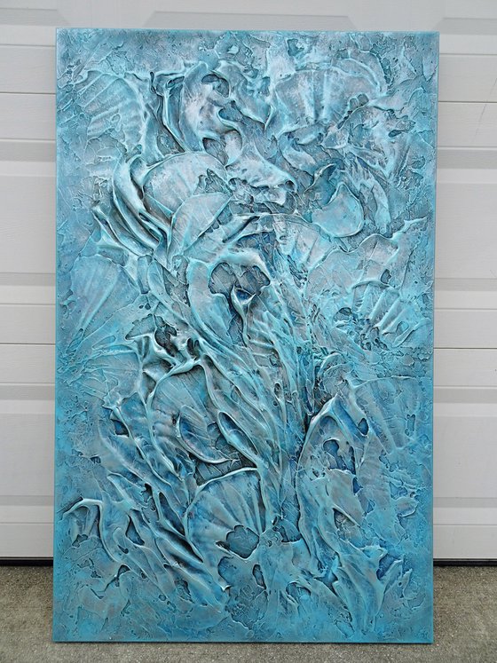 HIDDEN TREASURE. Large Abstract Blue Teal Silver Gray Textured Painting 3D