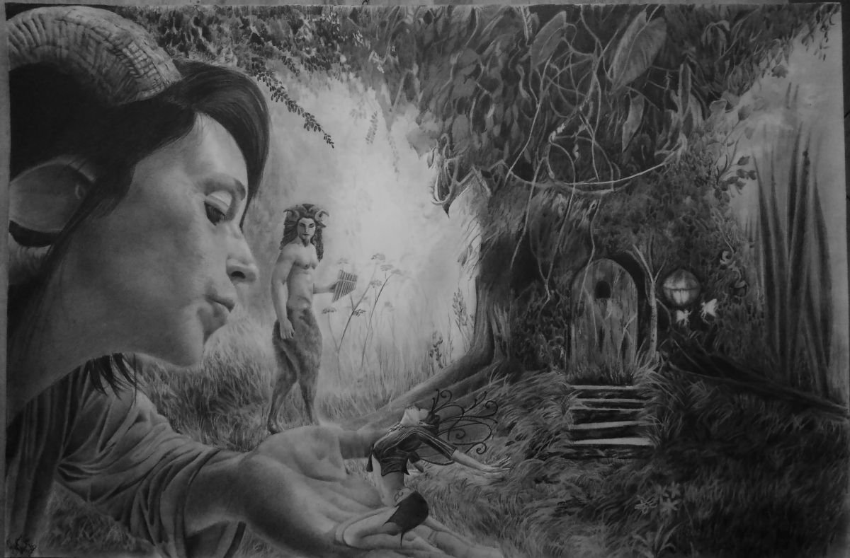 Surrealistic Portrait Pencil Drawing By Laura Muolo, 28 X 20", Il Giardino Del Fauno, Original Artwork