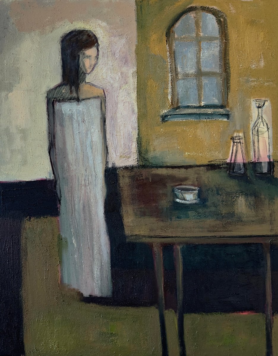 Impressionistic Portrait Acrylic Painting By Nikola Gulev, 31 X 39", "Quiet Moment", Original Artwork