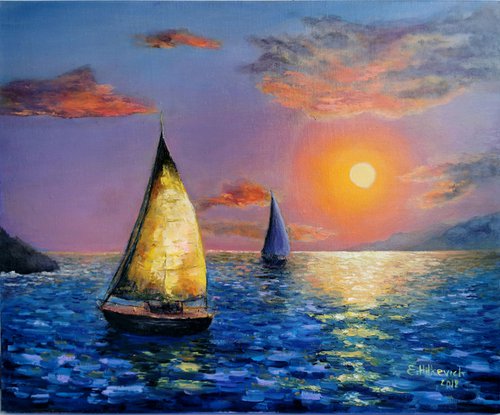Sunset over the sea oil painting by Elvira Hilkevich