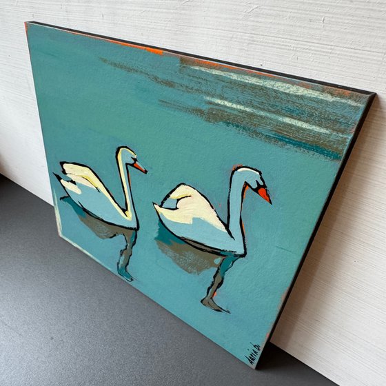 Original Small Painting Blue "2 Swans"