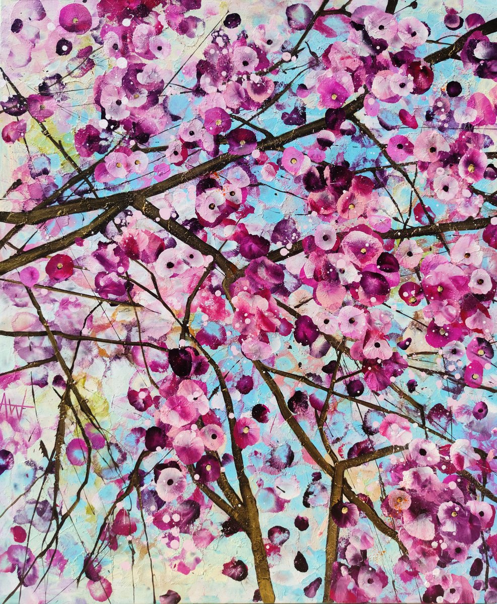 Impressionistic Botanical Acrylic Painting By Angie Wright, 39 X 47, Sakura Kiss, Original Artwork