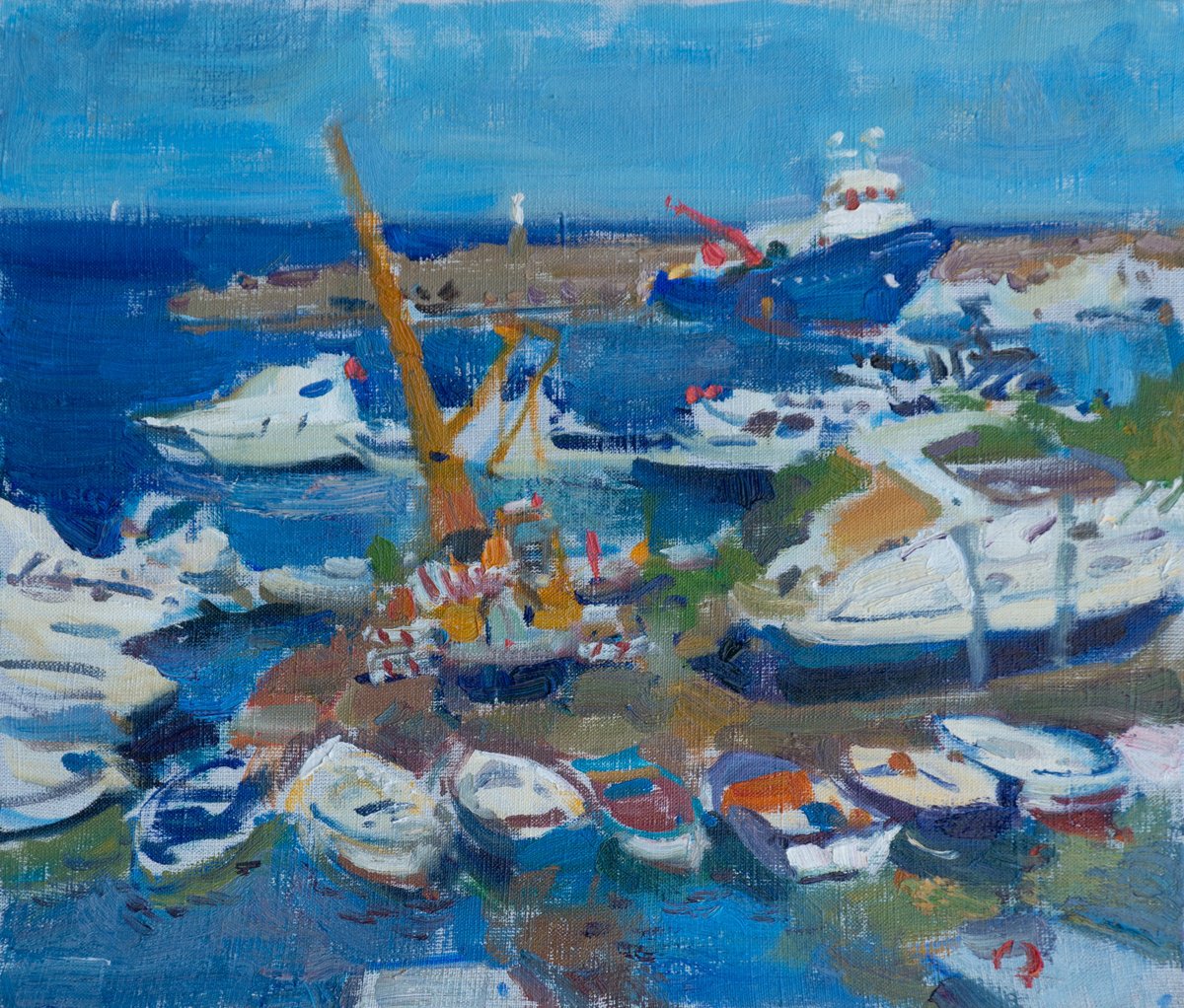Impressionistic Landscape Oil Painting By Anastasia Borodina, 18 X 16, Boats - Original Oil Landscape Painting, Artfinder