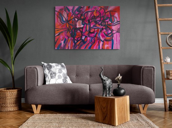 FULL ON- a large scale xxl dynamic red pink expressive abstract painting