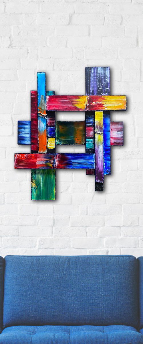"Tic Tac Toe" - Original PMS Mixed Media Assemblage Sculptural Painting on Wood, - 21 x 25 inches by Preston M. Smith (PMS)