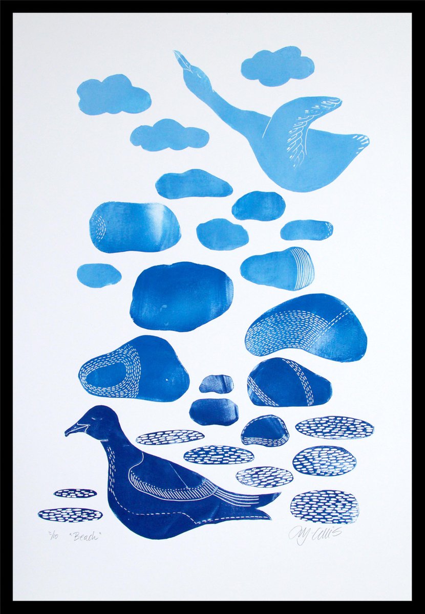 Beach, blue and white linocut by Mariann Johansen-Ellis