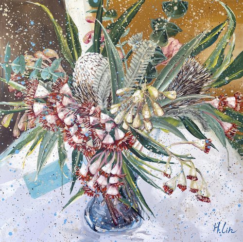 Glowing Radiance – Orange Banksia and Eucalyptus Blossoms in A Vase by HSIN LIN
