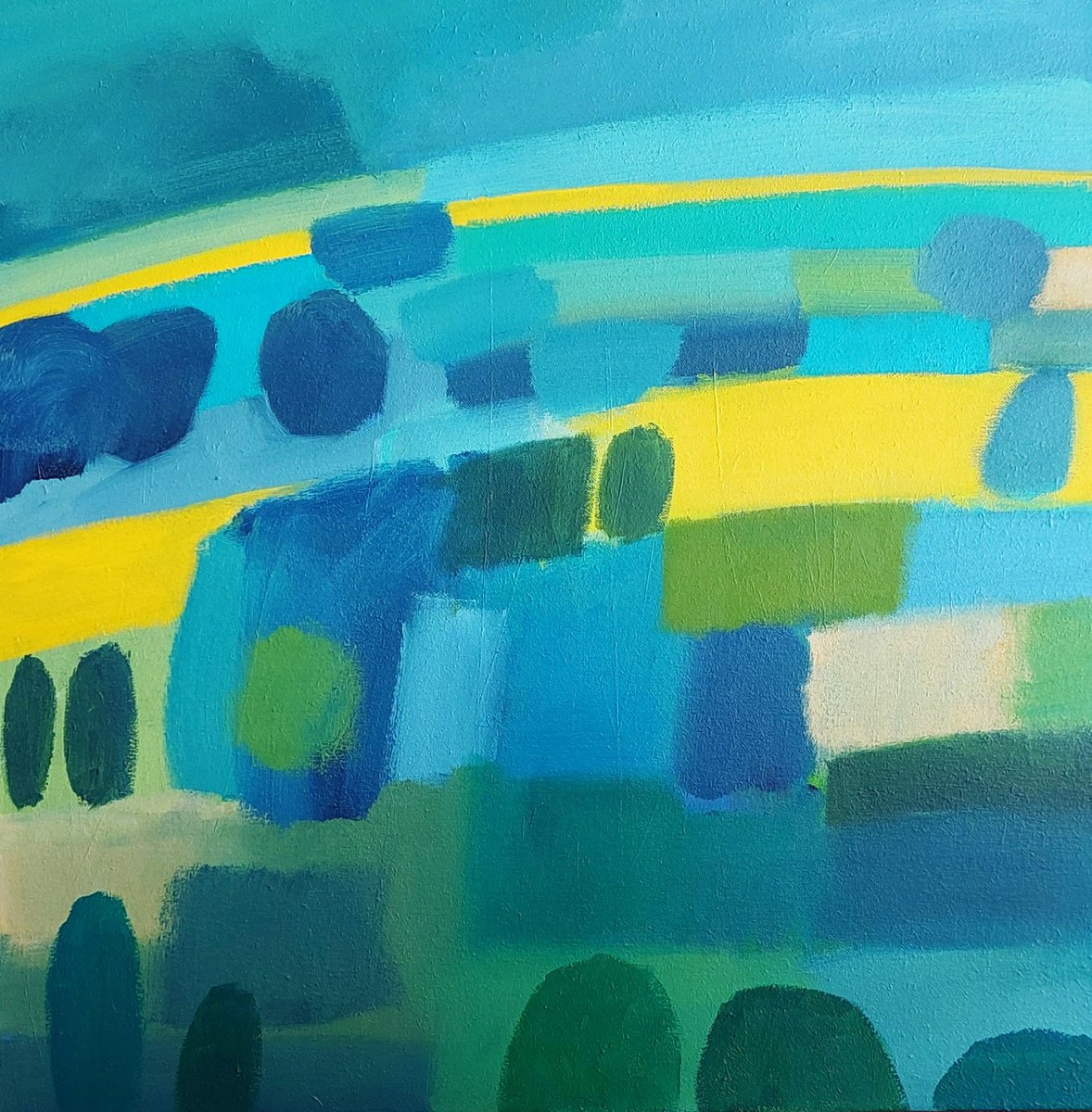 Abstract Landscape Acrylic Painting By Jan Rippingham, 24 X 24, Rapeseed Fields Iii, Original Artwork